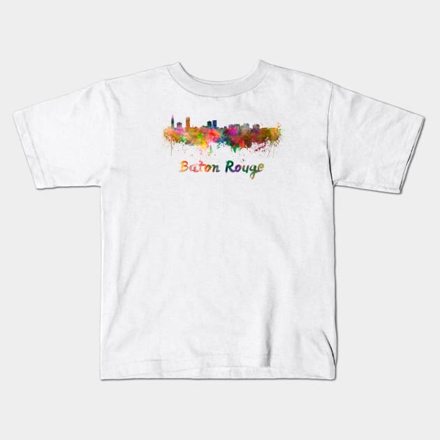 Baton rouge skyline in watercolor Kids T-Shirt by PaulrommerArt